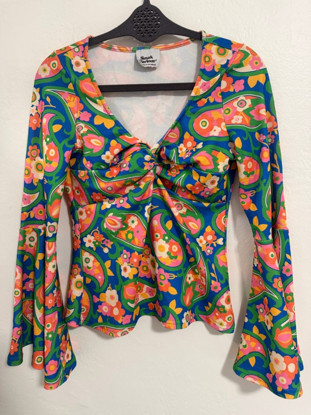 Smak Parlour Retro Floral Paisley Twist Front Top Bell Sleeve Boho Y2K Size S/M